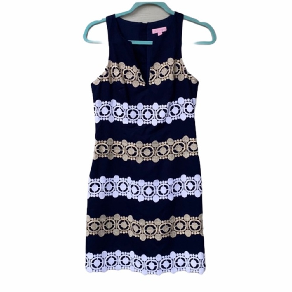 Lilly Pulitzer Navy & Gold Embroidered Lace Shift Dress Size 0 Excellent Cond. - Picture 15 of 16